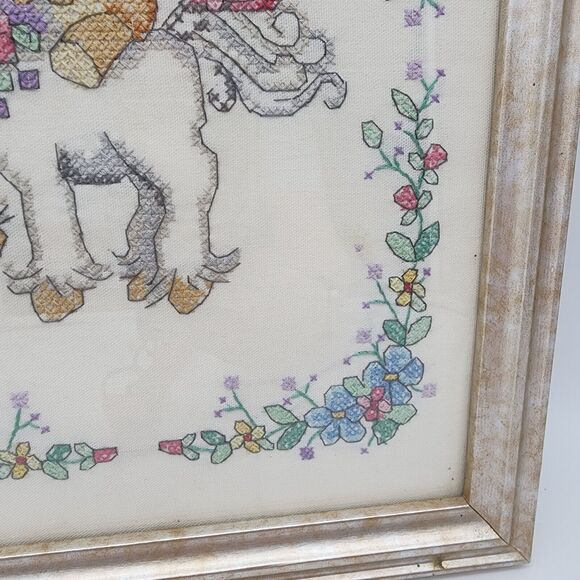 Vtg 90s Dimensions Unicorn Teddy Cross Stitch Framed Art Welcome Baby 14.5x11.5 - Picture 4 of 7